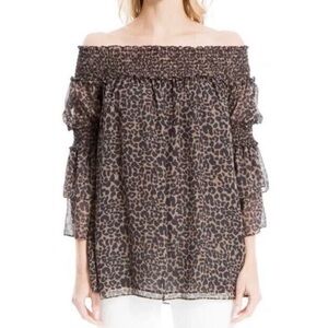 Max Studio Off Shoulder Tier Sleeve Leopard Print Top S Chiffon